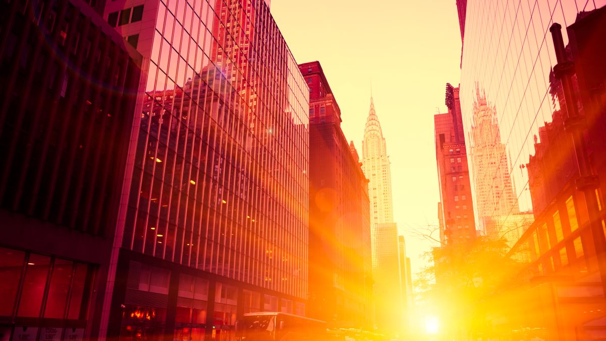 sunset in between city buildings